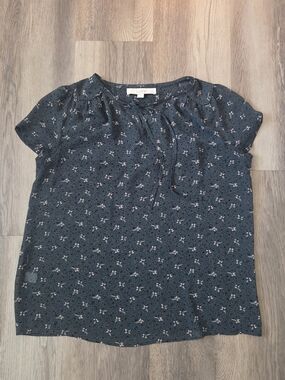 Loft Green Floral Chiffon Short Sleeve Blouse Sz S Cottagecore Prairie Tie Front